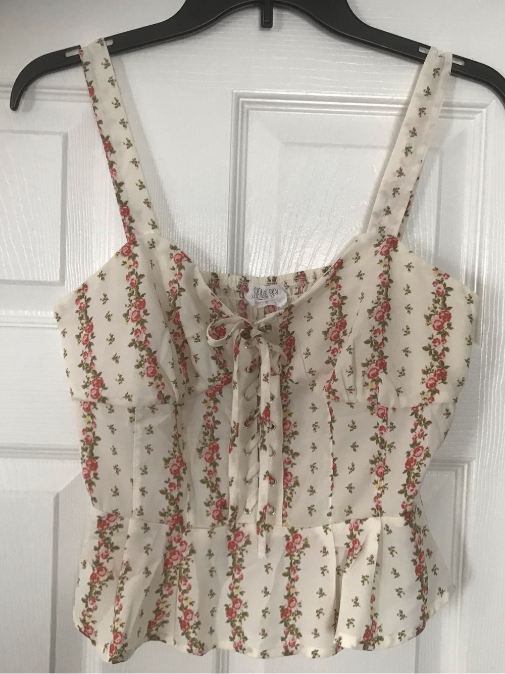 Sienna Sky Cream Floral Lace-Up Peplum Tank - Pink Rose Print